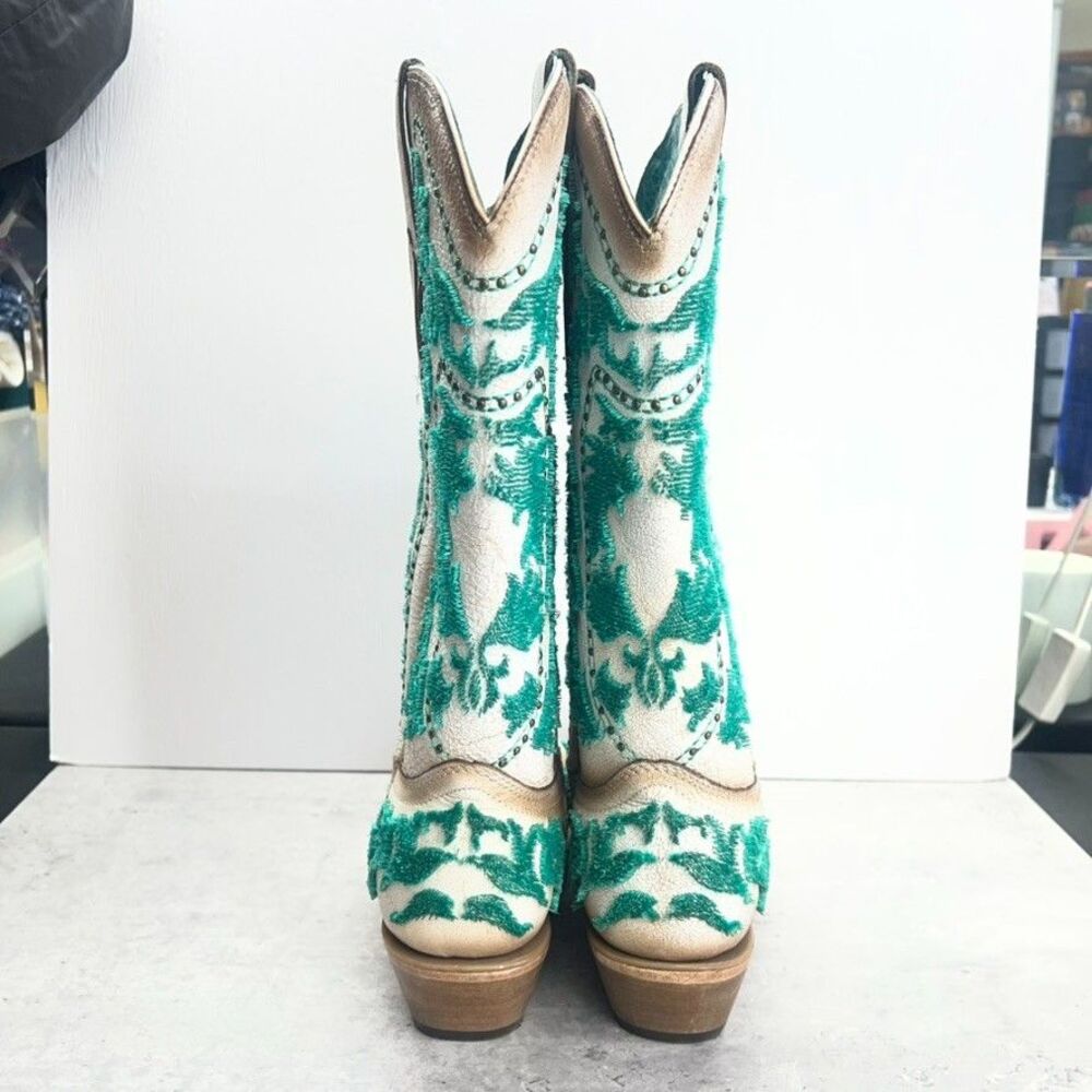 Corral Pull On Knee High White Green Crackled Bristle Western Boots Womens 8M - Picture 6 of 13